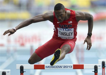 Michael Tinsley of the U.S. clears a hurdle in the men's 400 metres hurdles heat during the IAAF World Athletics Championships at the Luzhni Michael Tinsley of the U.S. clears a hurdle in the men's 400 metres hurdles heat during the IAAF World Athletics Championships at the Luzhni