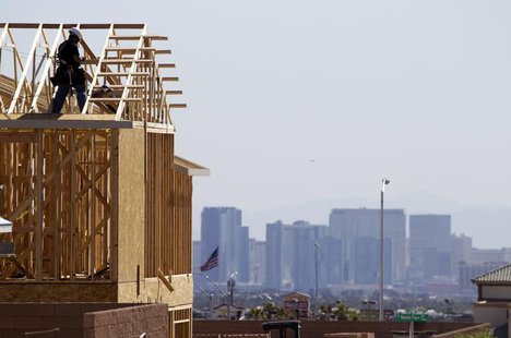Carpenters work on new homes at a residential construction site in the west side of the Las Vegas Valley in Las Vegas, Nevada April 5, 2013. Carpenters work on new homes at a residential construction site in the west side of the Las Vegas Valley in Las Vegas, Nevada April 5, 2013.