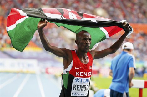 Ezekiel Kemboi of Kenya celebrates his victory in the men's 3000 meters steeplechase final of the IAAF World Athletics Championships at the Ezekiel Kemboi of Kenya celebrates his victory in the men's 3000 meters steeplechase final of the IAAF World Athletics Championships at the