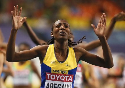 Abeba Aregawi of Sweden celebrates her victory during the women's 1500 metres final of the IAAF World Athletics Championships at the Luzhnik Abeba Aregawi of Sweden celebrates her victory during the women's 1500 metres final of the IAAF World Athletics Championships at the Luzhnik