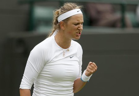 Victoria Azarenka of Belarus reacts during her women's singles tennis match against Maria Joao Koehler of Portugal at the Wimbledon Tennis C Victoria Azarenka of Belarus reacts during her women's singles tennis match against Maria Joao Koehler of Portugal at the Wimbledon Tennis C