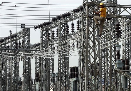 An employee works on electric pylons at a power station in Greater Noida on the outskirts of New Delhi, in this June 8, 2012 file photo. REU An employee works on electric pylons at a power station in Greater Noida on the outskirts of New Delhi, in this June 8, 2012 file photo. REU
