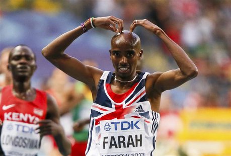 Mo Farah of Britain produces his 'Mobot' celebration after winning in the men's 5000 metres final of the IAAF World Athletics Championships Mo Farah of Britain produces his 'Mobot' celebration after winning in the men's 5000 metres final of the IAAF World Athletics Championships