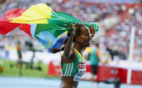 Meseret Defar of Ethiopia celebrates her victory in the women's 5000 metres final of the IAAF World Athletics Championships at the Luzhniki Meseret Defar of Ethiopia celebrates her victory in the women's 5000 metres final of the IAAF World Athletics Championships at the Luzhniki