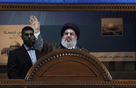 Lebanon's Hezbollah leader Sayyed Hassan Nasrallah makes a rare public appearance as he addresses his supporters during a rally to mark Quds Lebanon's Hezbollah leader Sayyed Hassan Nasrallah makes a rare public appearance as he addresses his supporters during a rally to mark Quds