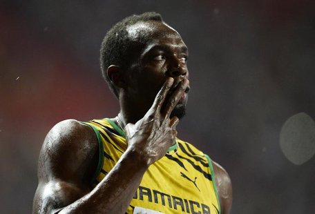 Usain Bolt of Jamaica celebrates winning in the men's 100 metres final during the IAAF World Athletics Championships at the Luzhniki stadium Usain Bolt of Jamaica celebrates winning in the men's 100 metres final during the IAAF World Athletics Championships at the Luzhniki stadium