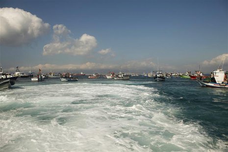 Spanish fishermen gather in their fishing boats during a protest at an area of the sea where an artificial reef was built by Gibraltar using Spanish fishermen gather in their fishing boats during a protest at an area of the sea where an artificial reef was built by Gibraltar using