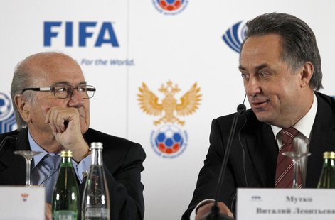 FIFA President Sepp Blatter (L) and Russian Sports Minister Vitaly Mutko attend a news conference in St. Petersburg January 20, 2013. REUTER FIFA President Sepp Blatter (L) and Russian Sports Minister Vitaly Mutko attend a news conference in St. Petersburg January 20, 2013. REUTER