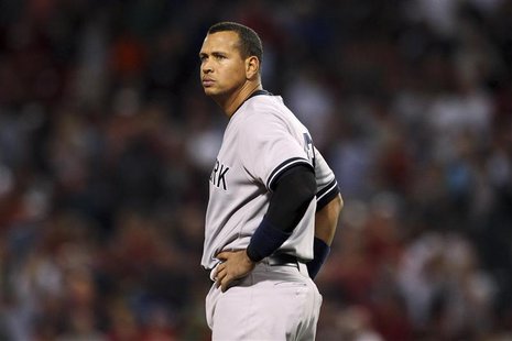 New York Yankees' Alex Rodriguez stands at third base in the eighth inning of their MLB American League baseball game against the Boston Red New York Yankees' Alex Rodriguez stands at third base in the eighth inning of their MLB American League baseball game against the Boston Red