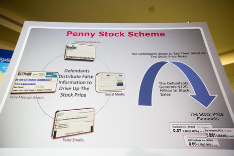 A board showing how a penny stock fraud scheme was run is seen before the announcement of the indictment of nine individuals for involvement A board showing how a penny stock fraud scheme was run is seen before the announcement of the indictment of nine individuals for involvement