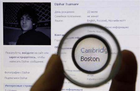 A photograph of Djohar Tsarnaev, who is believed to be Dzhokhar Tsarnaev, a suspect in the Boston Marathon bombing, is seen on his page of Russian social networking site Vkontakte (VK), as pictured on a monitor in St. Petersburg April 19, 2013.
Credit: Reuters/Alexander Demianchuk A photograph of Djohar Tsarnaev, who is believed to be Dzhokhar Tsarnaev, a suspect in the Boston Marathon bombing, is seen on his page of Russian social networking site Vkontakte (VK), as pictured on a monitor in St. Petersburg April 19, 2013.
Credit: Reuters/Alexander Demianchuk