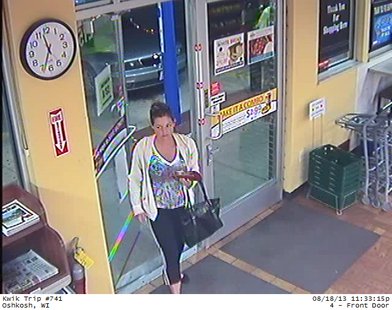 Suspect in donation jar theft seen at Kwik Trip store in Oshkosh on Sunday Aug. 18, 2013. (Photo by: Oshkosh Police Dept.) Suspect in donation jar theft seen at Kwik Trip store in Oshkosh on Sunday Aug. 18, 2013. (Photo by: Oshkosh Police Dept.)