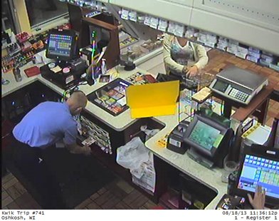 Suspect in donation jar theft seen at Kwik Trip store in Oshkosh on Sunday Aug. 18, 2013. (Photo by: Oshkosh Police Dept.) Suspect in donation jar theft seen at Kwik Trip store in Oshkosh on Sunday Aug. 18, 2013. (Photo by: Oshkosh Police Dept.)