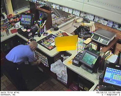 Suspect in donation jar theft seen at Kwik Trip store in Oshkosh on Sunday Aug. 18, 2013. (Photo by: Oshkosh Police Dept.) Suspect in donation jar theft seen at Kwik Trip store in Oshkosh on Sunday Aug. 18, 2013. (Photo by: Oshkosh Police Dept.)