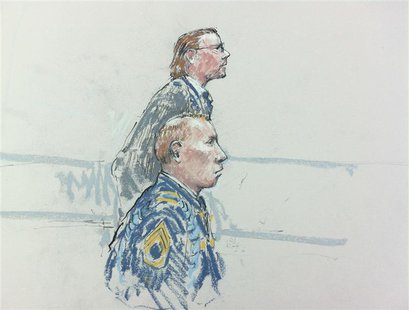 Courtroom sketch shows Army Staff Sergeant Robert Bales and attorney John Henry Browne (rear) who asks potential jurors questions during a p Courtroom sketch shows Army Staff Sergeant Robert Bales and attorney John Henry Browne (rear) who asks potential jurors questions during a p