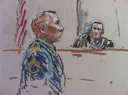 Army Staff Sergeant Robert Bales and the judge, Army Colonel Jeffery Nance (R) are shown in this courtroom sketch during a pre-sentencing he Army Staff Sergeant Robert Bales and the judge, Army Colonel Jeffery Nance (R) are shown in this courtroom sketch during a pre-sentencing he