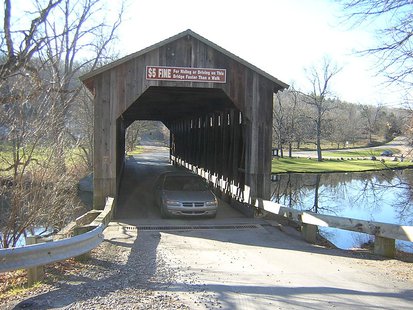 Posted sign just out of this picture shows the load limit. Its one of the few covered bridges in the state that allows cars. Posted sign just out of this picture shows the load limit. Its one of the few covered bridges in the state that allows cars.