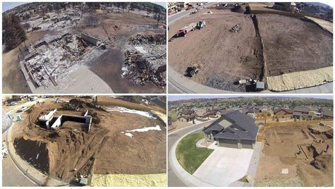 A combination of photos show (clockwise from top L) the remains of a burned-out house, a view of the old foundation which has been removed a A combination of photos show (clockwise from top L) the remains of a burned-out house, a view of the old foundation which has been removed a