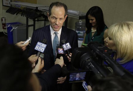 Former New York Governor Eliot Spitzer responds to questions during a news interview after a primary debate for New York City comptroller in Former New York Governor Eliot Spitzer responds to questions during a news interview after a primary debate for New York City comptroller in