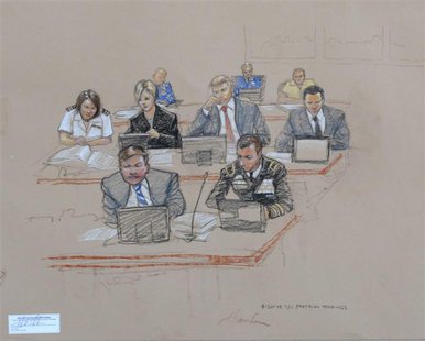 In this photo of a sketch by courtroom artist Janet Hamlin and reviewed by the U.S. Department of Defense, the prosecution, including Army B In this photo of a sketch by courtroom artist Janet Hamlin and reviewed by the U.S. Department of Defense, the prosecution, including Army B