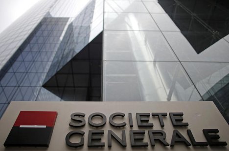 A logo is seen is seen in front of French bank Societe Generale headquarters in La Defense near Paris, February 13, 2013. REUTERS/Christian A logo is seen is seen in front of French bank Societe Generale headquarters in La Defense near Paris, February 13, 2013. REUTERS/Christian
