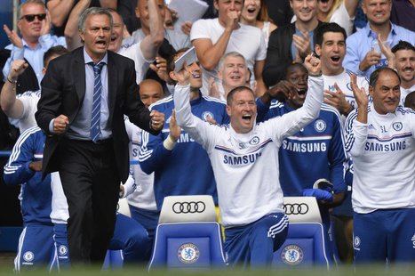 Chelsea's manager Jose Mourinho reacts during their English Premier League soccer match against Hull City at Stamford Bridge in London Augus Chelsea's manager Jose Mourinho reacts during their English Premier League soccer match against Hull City at Stamford Bridge in London Augus