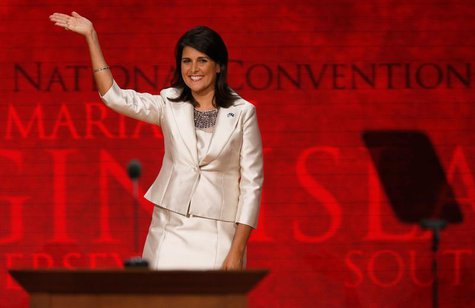 South Carolina Governor Nikki Haley waves as she arrives to address delegates during the second session of the Republican National Conventio South Carolina Governor Nikki Haley waves as she arrives to address delegates during the second session of the Republican National Conventio