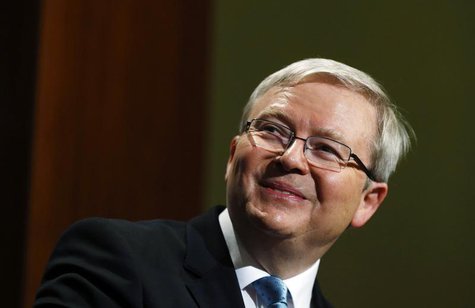 Australian Prime Minister Kevin Rudd smiles during his speech at the Lowy Institute for International Policy as part of his election campaig Australian Prime Minister Kevin Rudd smiles during his speech at the Lowy Institute for International Policy as part of his election campaig