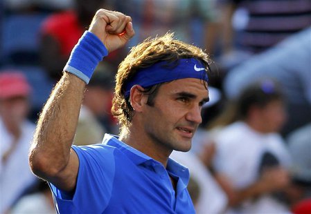 Roger Federer of Switzerland reacts after his win over Grega Zemlja of Slovenia at the U.S. Open tennis championships in New York August 27, Roger Federer of Switzerland reacts after his win over Grega Zemlja of Slovenia at the U.S. Open tennis championships in New York August 27,