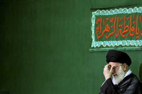Iran's Supreme Leader Ayatollah Ali Khamenei reacts while attending a religious ceremony to commemorate the death anniversary of Fatima, dau Iran's Supreme Leader Ayatollah Ali Khamenei reacts while attending a religious ceremony to commemorate the death anniversary of Fatima, dau