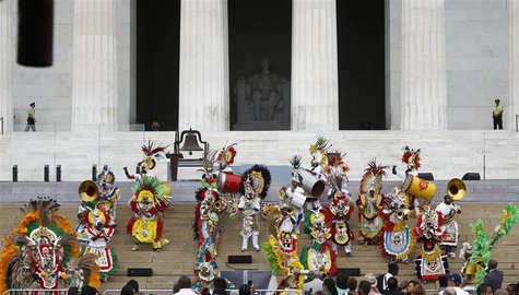 Members of Junkanoo perform during a ceremony marking the 50th anniversary of Martin Luther King's "I have a dream" speech on the steps of t Members of Junkanoo perform during a ceremony marking the 50th anniversary of Martin Luther King's "I have a dream" speech on the steps of t