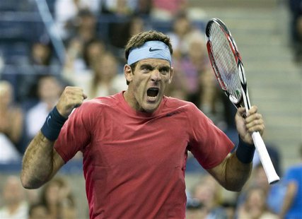 Juan Martin Del Potro of Argentina celebrates defeating Guillermo Garcia-Lopez of Spain at the U.S. Open tennis championships in New York Au Juan Martin Del Potro of Argentina celebrates defeating Guillermo Garcia-Lopez of Spain at the U.S. Open tennis championships in New York Au