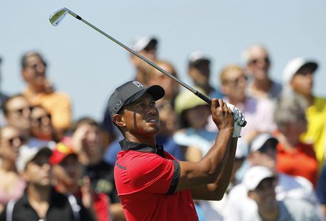 Tiger Woods of the U.S. hits his tee shot on the second hole during final round play in the Barclays' PGA golf tournament in Jersey City, Ne Tiger Woods of the U.S. hits his tee shot on the second hole during final round play in the Barclays' PGA golf tournament in Jersey City, Ne