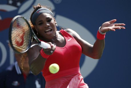 Serena Williams of the U.S. hits a return to Galina Voskoboeva of Kazakhstan at the U.S. Open tennis championships in New York August 29, 20 Serena Williams of the U.S. hits a return to Galina Voskoboeva of Kazakhstan at the U.S. Open tennis championships in New York August 29, 20