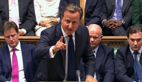 Britain's Prime Minister David Cameron is seen addressing the House of Commons in this still image taken from video in London August 29, 201 Britain's Prime Minister David Cameron is seen addressing the House of Commons in this still image taken from video in London August 29, 201