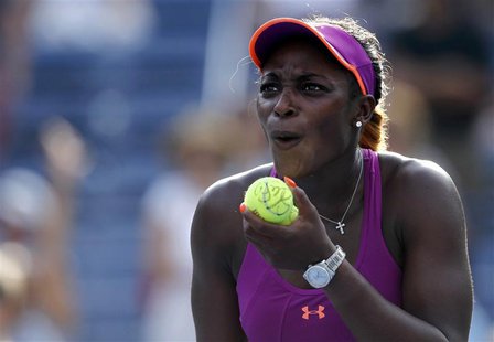 Sloane Stephens of the U.S. reacts after hitting a ball into the crowd after her win over compatriot Jamie Hampton at the U.S. Open tennis c Sloane Stephens of the U.S. reacts after hitting a ball into the crowd after her win over compatriot Jamie Hampton at the U.S. Open tennis c