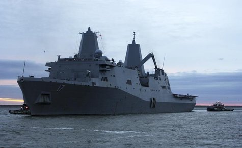 The amphibious transport dock ship USS San Antonio (LPD 17) departs Naval Station Norfolk in Norfolk, Virginia October 31, 2012 in this hand The amphibious transport dock ship USS San Antonio (LPD 17) departs Naval Station Norfolk in Norfolk, Virginia October 31, 2012 in this hand