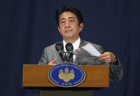 Japan's Prime Minister Shinzo Abe speaks during a news conference in Doha August 28, 2013. REUTERS/Fadi Al-Assaad Japan's Prime Minister Shinzo Abe speaks during a news conference in Doha August 28, 2013. REUTERS/Fadi Al-Assaad