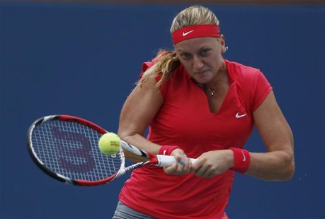 Petra Kvitova of the Czech Republic hits a return to Alison Riske of the U.S. at the U.S. Open tennis championships in New York August 31, 2 Petra Kvitova of the Czech Republic hits a return to Alison Riske of the U.S. at the U.S. Open tennis championships in New York August 31, 2