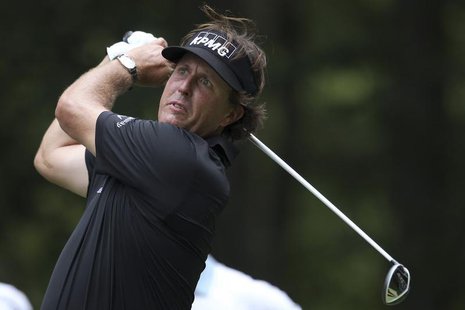 Phil Mickelson of the U.S. tees off on the ninth hole during the second round of the Deutsche Bank Championship golf tournament in Norton, M Phil Mickelson of the U.S. tees off on the ninth hole during the second round of the Deutsche Bank Championship golf tournament in Norton, M
