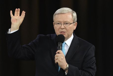 Australian Prime Minister Kevin Rudd talks during the People's Forum with opposition leader Tony Abbott in Sydney August 28, 2013. REUTERS/L Australian Prime Minister Kevin Rudd talks during the People's Forum with opposition leader Tony Abbott in Sydney August 28, 2013. REUTERS/L
