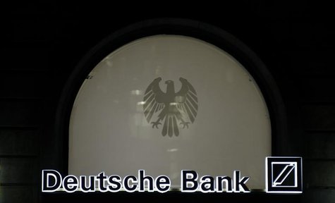 The logo of Germany's largest business bank, Deutsche Bank, is illuminated at the bank's original headquarters in Frankfurt January 31, 2012 The logo of Germany's largest business bank, Deutsche Bank, is illuminated at the bank's original headquarters in Frankfurt January 31, 2012