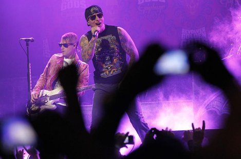 M. Shadows (C) of rock band Avenged Sevenfold performs at the 3rd annual Golden Gods awards in Los Angeles April 20, 2011. REUTERS/Mario Anz M. Shadows (C) of rock band Avenged Sevenfold performs at the 3rd annual Golden Gods awards in Los Angeles April 20, 2011. REUTERS/Mario Anz