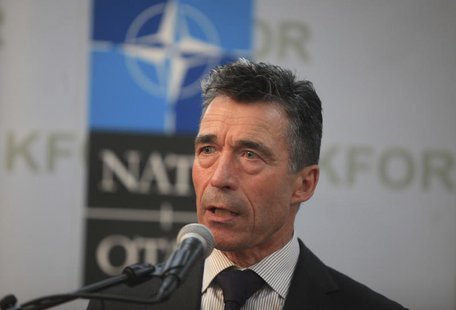 NATO Secretary-General Anders Fogh Rasmussen speaks during a joint news conference with Kosovo's Prime Minister Hashim Thaci in Pristina Jul NATO Secretary-General Anders Fogh Rasmussen speaks during a joint news conference with Kosovo's Prime Minister Hashim Thaci in Pristina Jul