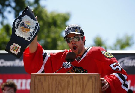 Chicago Blackhawks goalie Corey Crawford addresses the crowd during a rally at Hutchinson Field in Grant Park in Chicago June 28, 2013. REUT Chicago Blackhawks goalie Corey Crawford addresses the crowd during a rally at Hutchinson Field in Grant Park in Chicago June 28, 2013. REUT