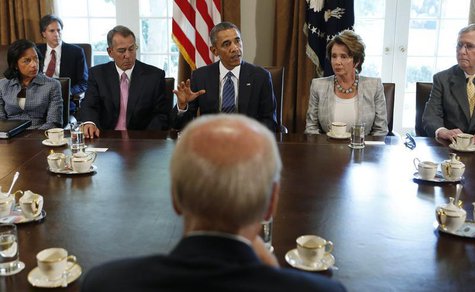 U.S. President Obama (rear C) meets with bipartisan Congressional leaders in the Cabinet Room at the White House in Washington to discuss a U.S. President Obama (rear C) meets with bipartisan Congressional leaders in the Cabinet Room at the White House in Washington to discuss a