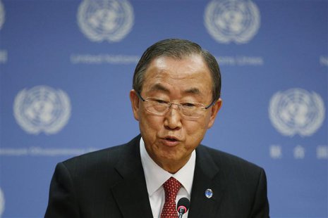 United Nations Secretary-General Ban Ki-moon speaks during a news conference at the U.N. Headquarters in New York, September 3, 2013. REUTER United Nations Secretary-General Ban Ki-moon speaks during a news conference at the U.N. Headquarters in New York, September 3, 2013. REUTER