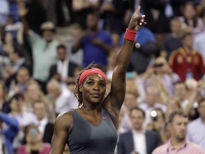 Serena Williams celebrates defeating Carla Suarez Navarro of Spain at the U.S. Open tennis championships in New York September 3, 2013. REUT Serena Williams celebrates defeating Carla Suarez Navarro of Spain at the U.S. Open tennis championships in New York September 3, 2013. REUT