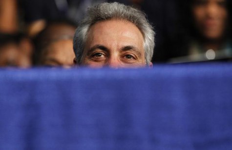 Chicago Mayor Rahm Emanuel listens as U.S. President Barack Obama speaks about strengthening the economy for the middle class and measures t Chicago Mayor Rahm Emanuel listens as U.S. President Barack Obama speaks about strengthening the economy for the middle class and measures t