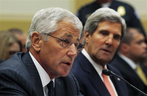 U.S. Secretary of Defense Chuck Hagel (L) testifies alongside Secretary of State John Kerry at a U.S. House Foreign Affairs Committee hearin U.S. Secretary of Defense Chuck Hagel (L) testifies alongside Secretary of State John Kerry at a U.S. House Foreign Affairs Committee hearin